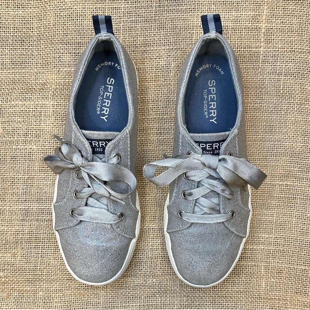 Sperry Gray Silver Glitter Sparkle Canvas Ribbon Lace-Up Sneakers